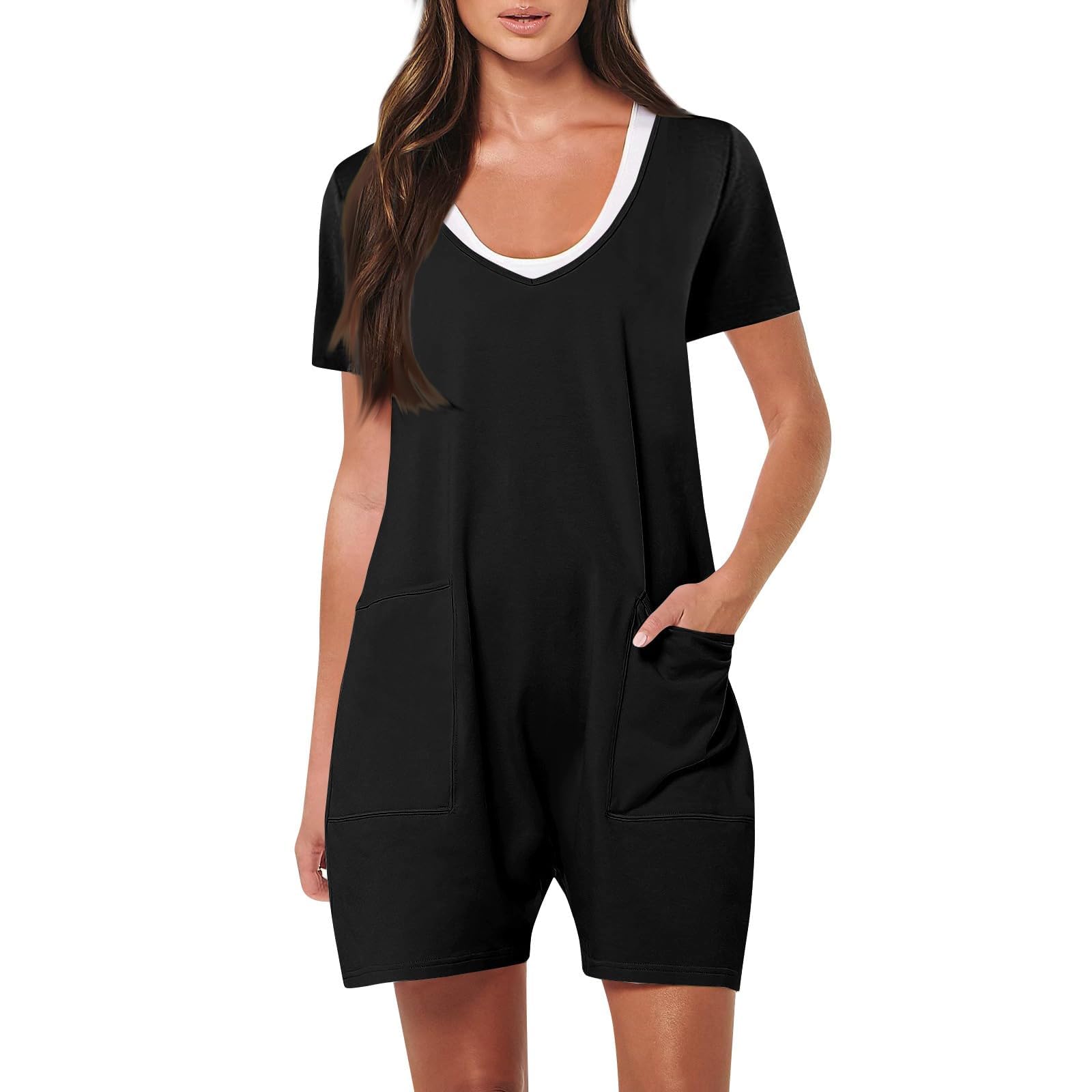 Rompers for Women Summer Casual Short Sleeve Jumpsuits Trendy Shorts Overalls V Neck Loose One Piece Outfits