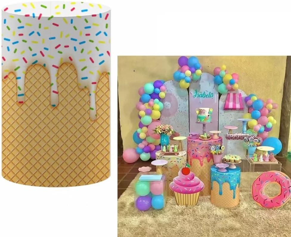 Ice Cream Waffle Cone Cylinder Plinth Table Covers for Sweet Donuts Theme Parties Decorations Pedestal Cover Baby Shower Girls Pink Birthday Party Cake