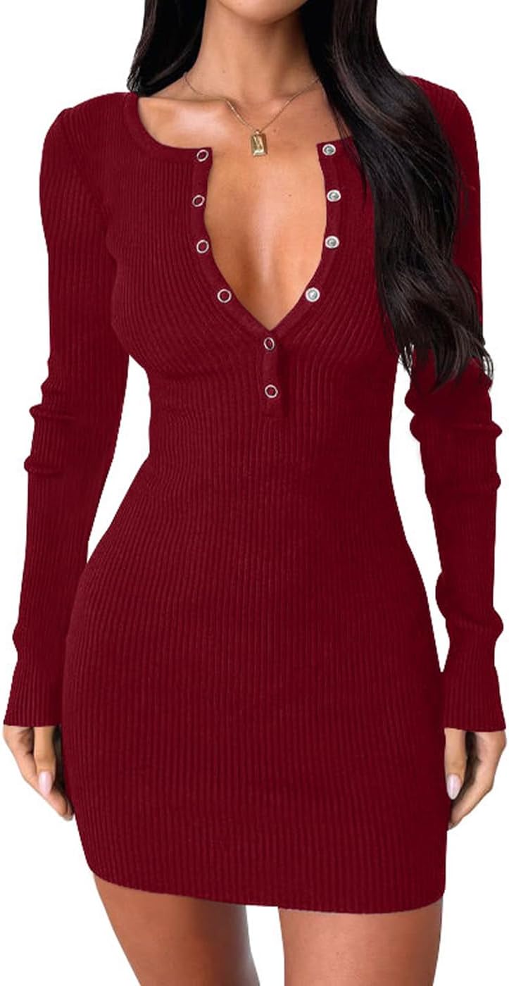 Dressmine Women Long Sleeve Sweater Dress 2026 Fall Sexy V Neck Button Down Bodycon Dresses Cocktail Party Knit Mini Dress