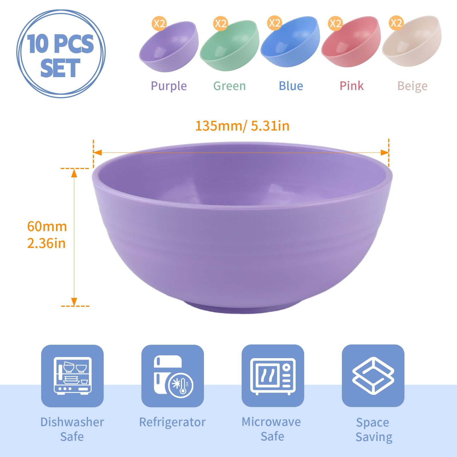 Set di 10 Ciotole in plastica, Ciotola da campeggio, riutilizzabili, senza BPA, infrangibili e leggere, Ciotole plastica,adatte per frutta,snack, per bambini e adulti