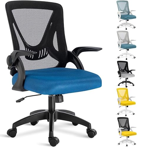 Blisswood Ergonomic Office Chair with 90° Flip-up Armrests - 360° Swivel Computer Desk Chair for Gaming, Home Office, and Study - 130° Recline, Lumbar Support - Tilt Function (Blue & Black)
