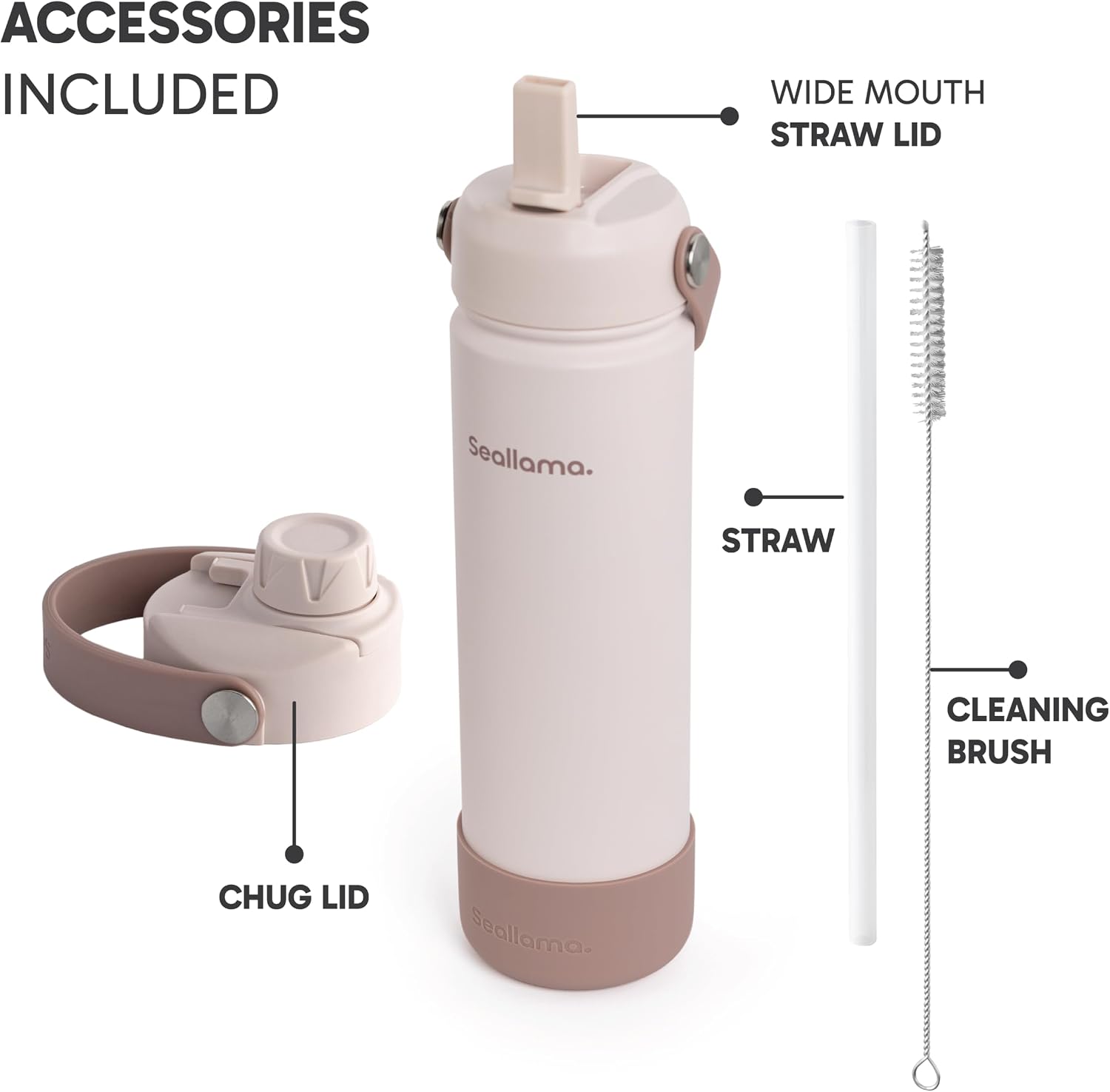 SEALLAMA Stainless Steel Wide Mouth Water Bottle - 2 Lids (Flex Straw Lid) and Double-Wall Vacuum Insulation - Leak Proof, BPA-Free, for Travel, Sports, School, and Car (Clay, 22 Ounces)