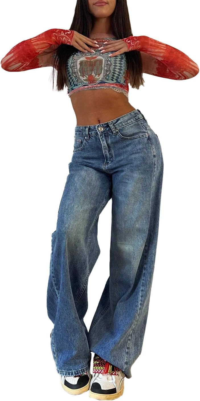 EMMIOL Wide Leg Jeans for Women, Mid Rise Baggy Jeans Plus Size Boyfriends Denim Pants, Y2K Vintage Style - Image 2