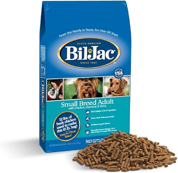 BilJac Dry Dog Food Small Breed Adult Formula 15lb Bag Chicken, Oatmeal & Yams