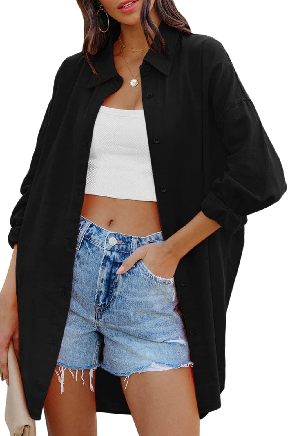 Cicy Bell Damen Bluse Oversized Langarm Button Down Shirts Baumwolle Oberteil Casual Einfarbig T-Shirts Herbst Locker Tops mit Taschen