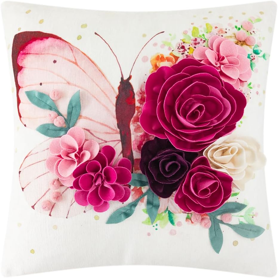 Handmade 3D Floral & Butterfly Decorative Pillow Cover 18x18 Inch Romantic Boho Farmhouse Chenille Pillow Case with Flowers & Watercolor Accents, Spring Home Decor for Couch Bed Living Room Hot Pink