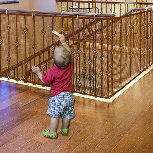JIFTOK Baby Gate for Stairs, Banister Guard for Kids, Pets, Toys, 59ft L x 2.66 ft H, Mesh Netting Safety Net for Balcony Rail Stair, Stairway Net Baby Safety Products for Indoor & Outdoor (Brown)