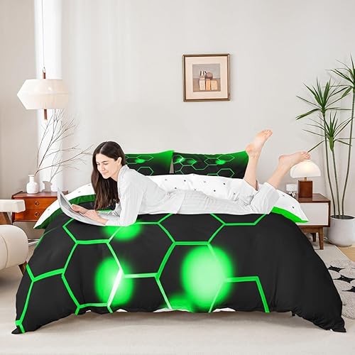 Miniatura 3 de Feelyou Juego de funda de edredón verde y negro, tamaño King, juego de ropa de cama de panal para niños y niñas, decoración geométrica, juego de
