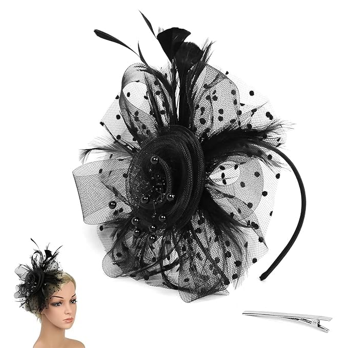 DARKSTICK Fascinator Hats for Women | Flower Feathers Fascinator Headband Hat with Mesh Veil | Cocktail Tea Party Headwear | Vintage Ladies Hair Clip for Woman (Black) (B0CVTZ2HK3) Amazon Price History, Amazon Price Tracker