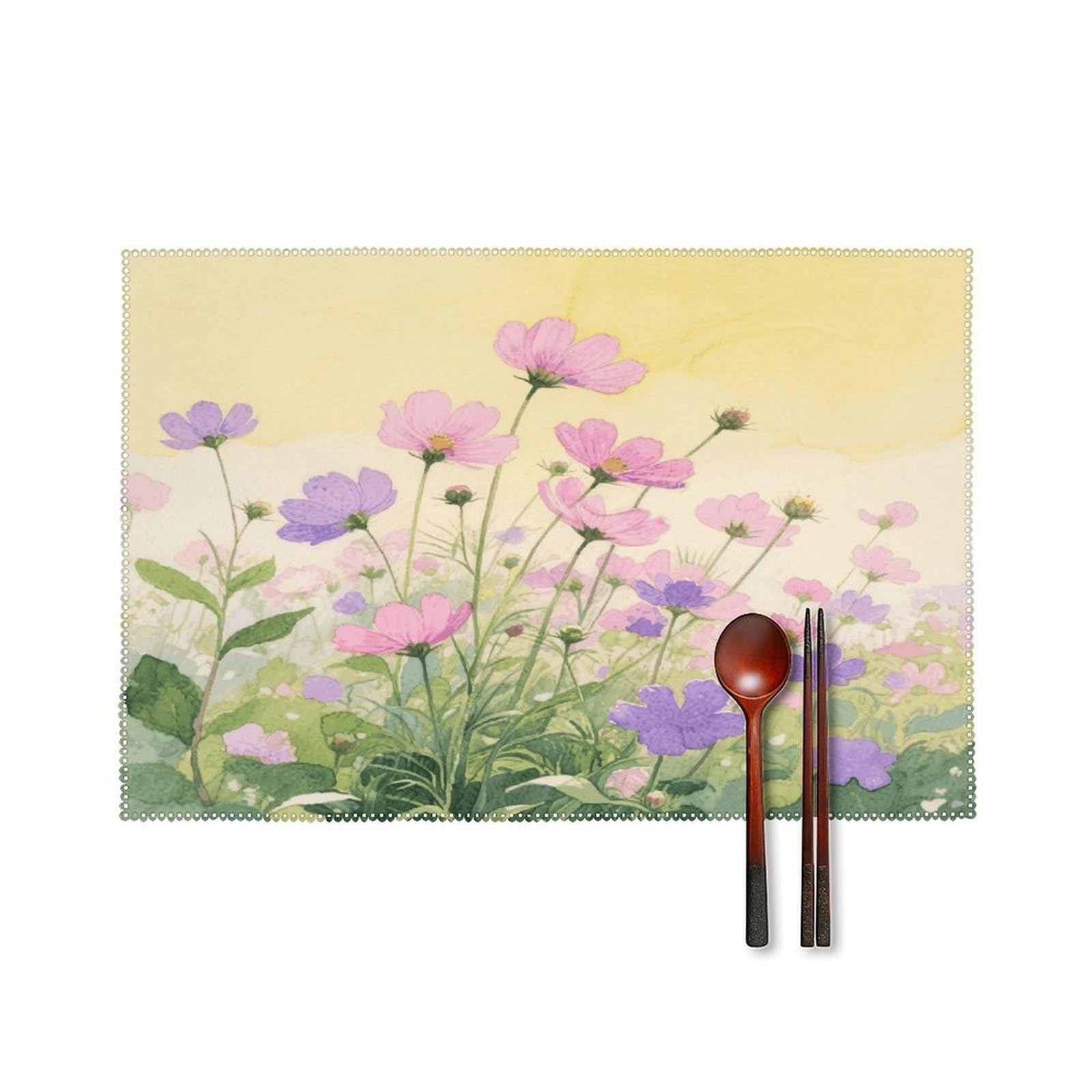 Pink and Purple Flower Watercolor Placemats Set of 6 Non-Slip Stain Resistant Indoor Outdoor Table Mat Washable Cloth Place Mat Fashion Kitchen Placemat for Dining Table Decoration 17.7x11.8 in