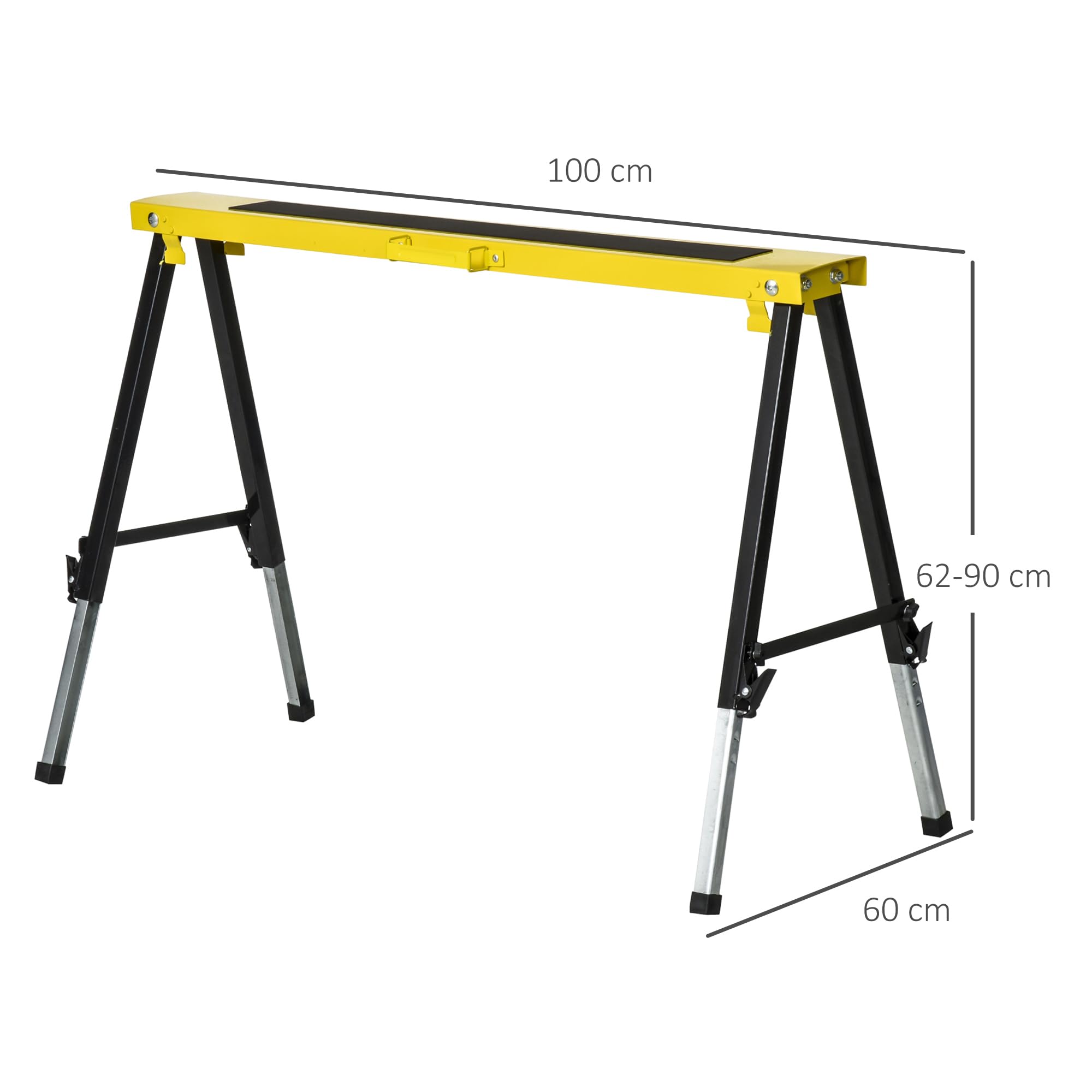 DURHAND Lot de 2 Tréteaux Pliables Télescopiques Réglables en Hauteur, Poignée de Transport, Dim. 100L x 60l x 62-90H cm, Surface Antidérapante, Métal, Noir et Jaune
