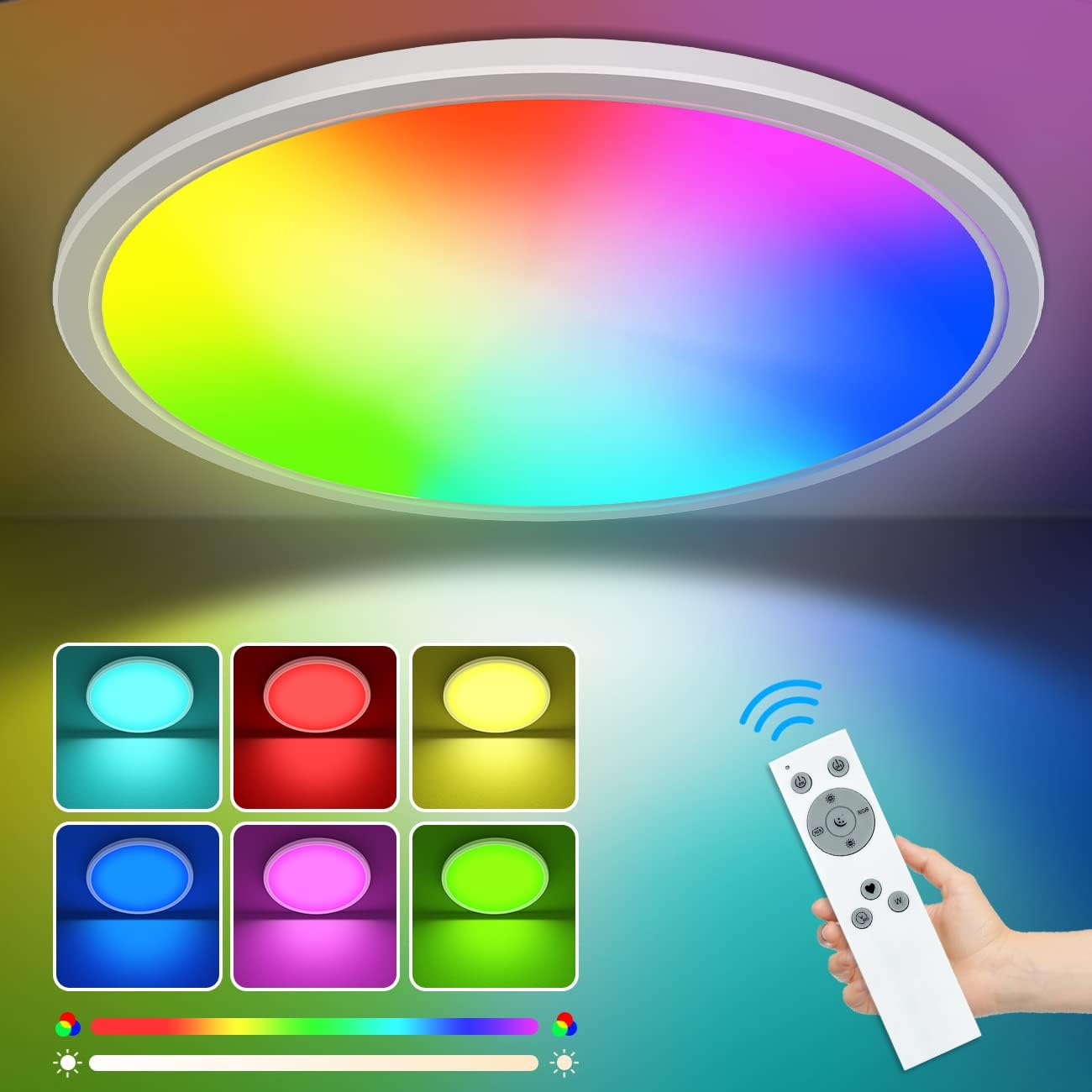 Peasur RGB LED Ceiling Light, 12Inch 24W 5000K Dimmable