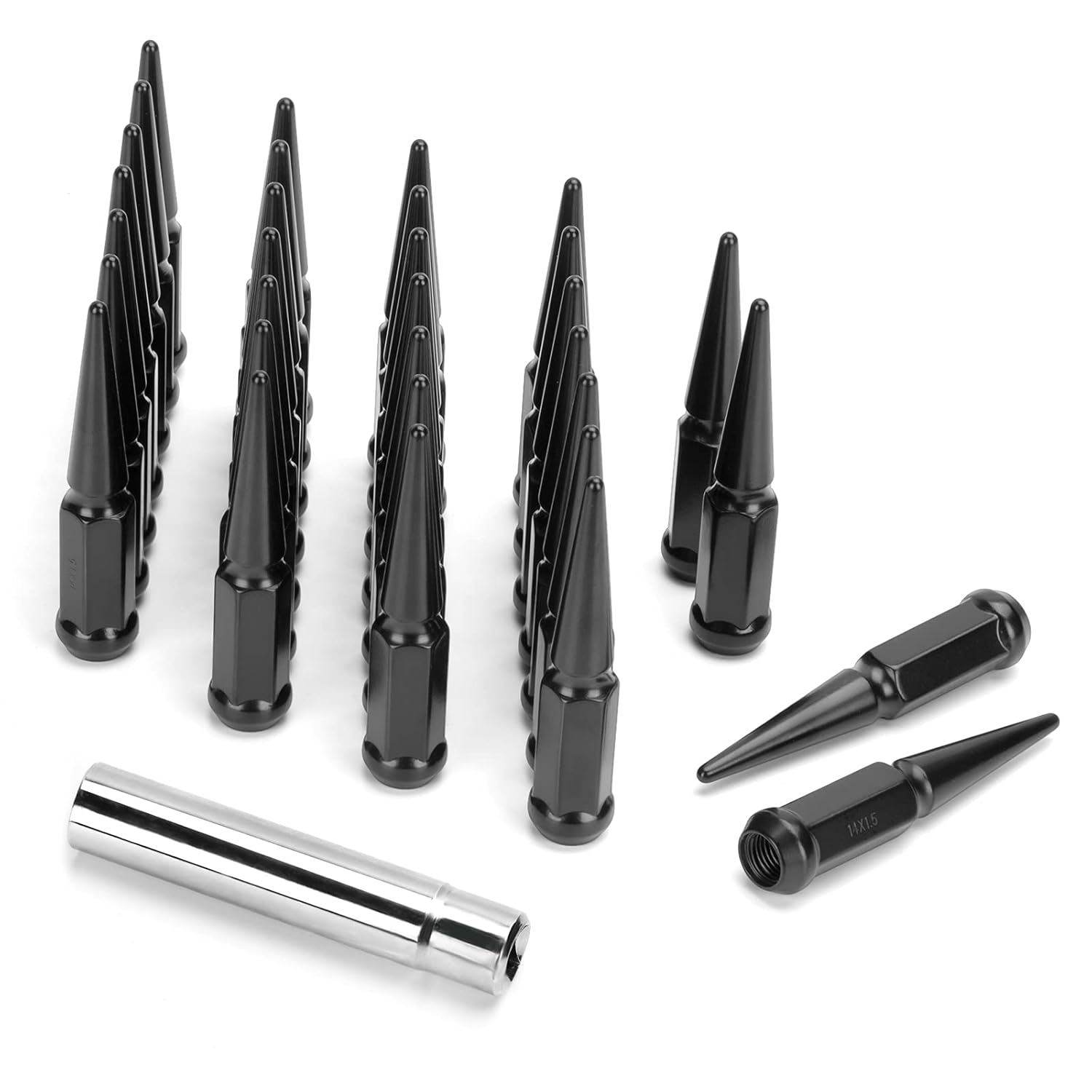 Wееklу Tор Sаlе KSP M14X1.5 Spike Lug Nuts Compatible with Chevy Silverado GMC Sierra Dodge Ram 1500,32pcs Black Conical/Cone Seat Wheel Nuts with 1 Socket Key Replacement for Aftermarket Wheels, 4.4 Inch Tall