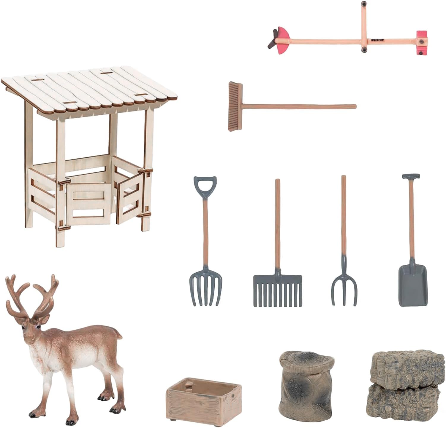 Reindeer Farm Set 12 Piece Miniature Gnome Accessories For Gnome Door And Including Reindeer Feeder Crib Hay Garden Tools Children's Room Decoration Ornament for Christmas Trees (Coffee, One Size)