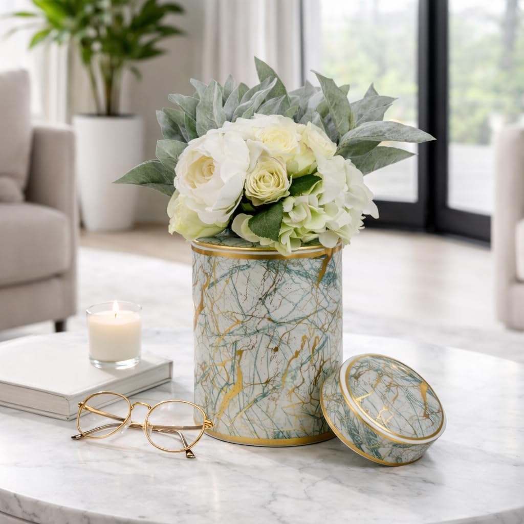 Decorative Ceramic Jar with Lid for Living Room Decor - Flower Vase for Bedroom, House Display, and Office Desk - Modern Accent Vase for Entryway Table or Home Decor - 12", Green & Gold