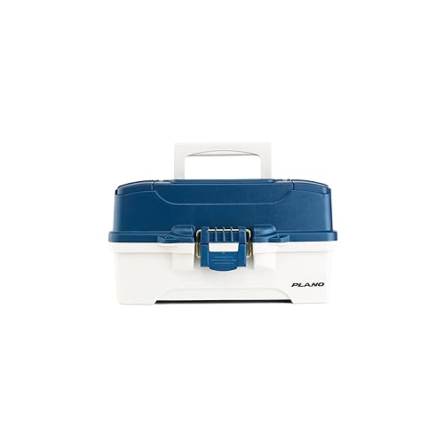 Plano One-Tray Tackle Box, Blue/White, Rust-Proof Brass Latch, Top-Access Tray with Deep Storage, Made in the USA, Portable Fishing Gear Storage Organizer