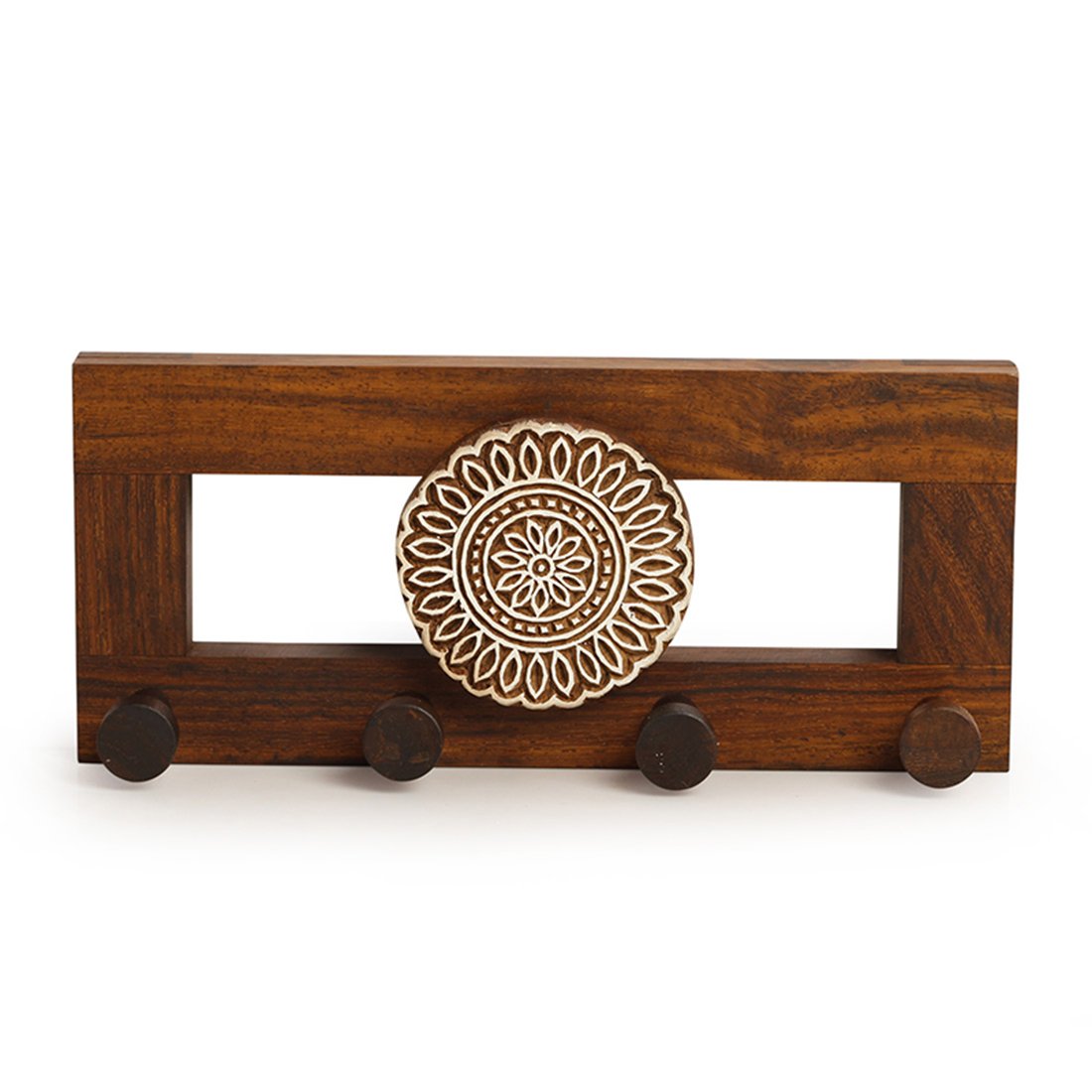 ExclusiveLane 'Floral' Sheesham Wooden Key Holder for Home Décor Stylish (4 Hooks, Hand-Crafted, Brown)| Key Hangers for Wall Key Holder Stand Key Stand for Wall Key Chain Holder 2