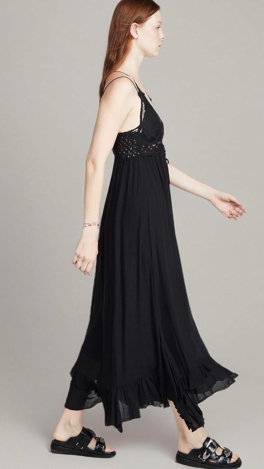 Free People Adella Sleeveless Maxi Slip Dress for Women - Plunging V-Neckline and Strappy Detail at Back with Adjustable Spaghetti Straps Black SM One Size