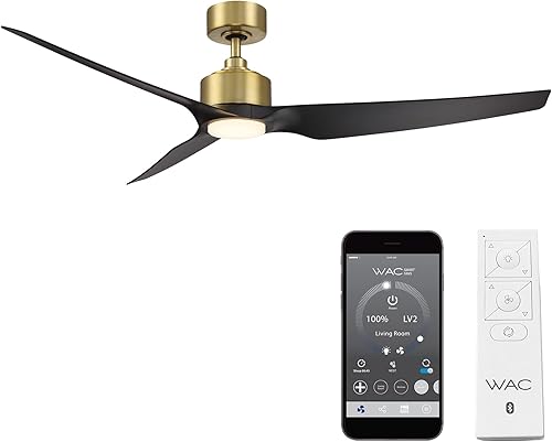 WAC Smart Fans Stella Ventilador de techo de 3 aspas para interiores y exteriores, 60 pulgadas, latón satinado, negro mate, 3000K LED con control