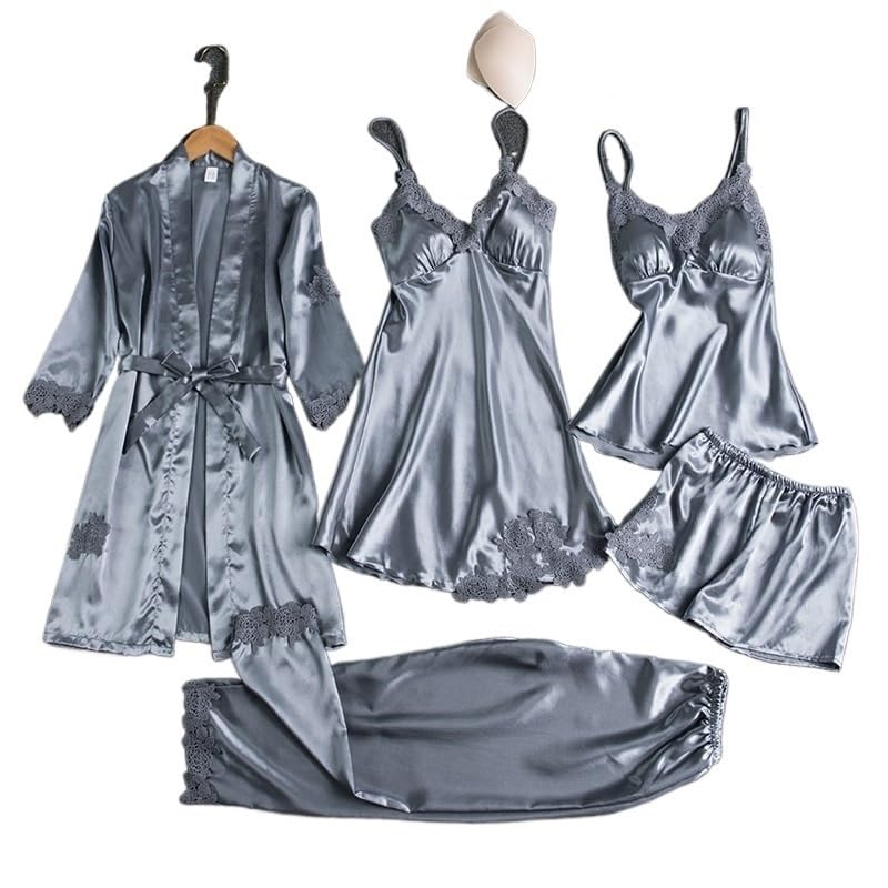 Pyjama sexy en soie glacée haut de gamme et peignoir en satin de dentelle