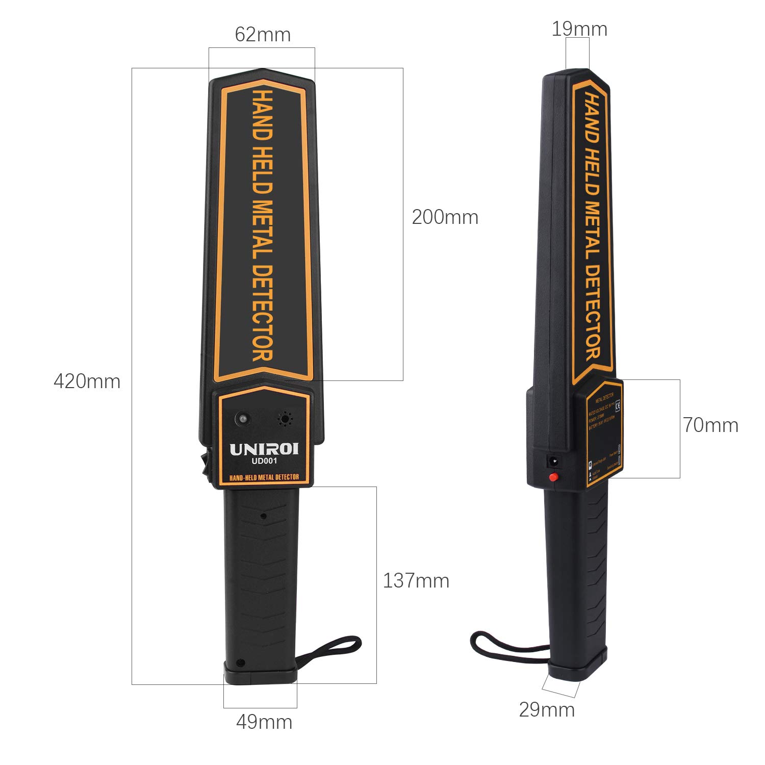 UNIROI Hand Held Metal Detector Wand Security Scanner with 9V Battery, Adjustable Sensitivity, Lights Alarm, Sound & Vibration Modes, Include Belt Holster