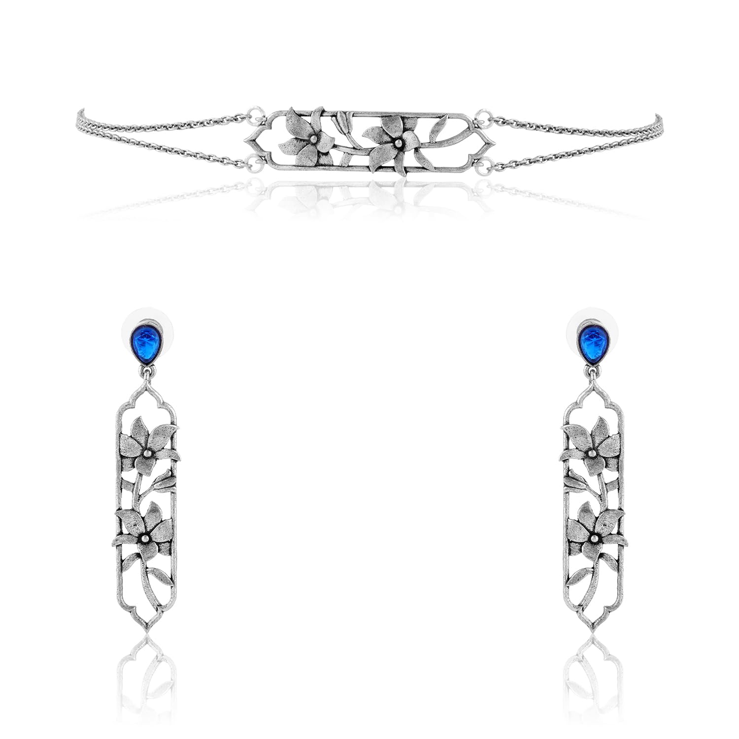 voylla Phulwari Neelika Oxidised Choker Necklace Set For Women, Floral Statement Ethnic Jewellery Gift for Women & Girls-picture-2