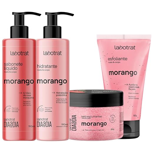 Kit Banho Premium Labotrat Morango Completo 4 Produtos C/ Sais Corpo E Rosto Cheiro De Fruta