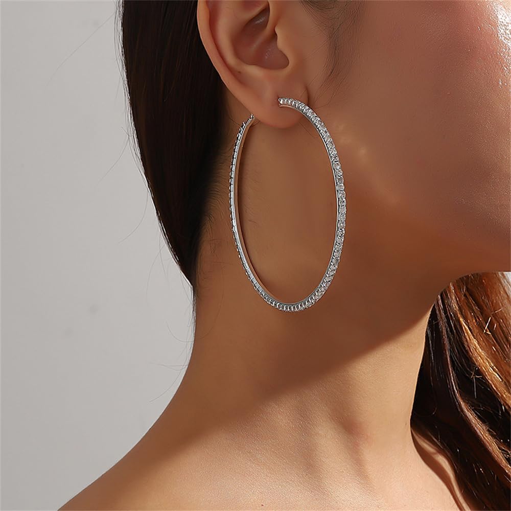 Large Rhinestone Hoop Earrings for Women Girls Hypoallergenic Extra Big 80mm Huggie CZ Hoops Dangle Drop Earring Fashion Chic Party Jewelry Gifts 3 inch - Image 2