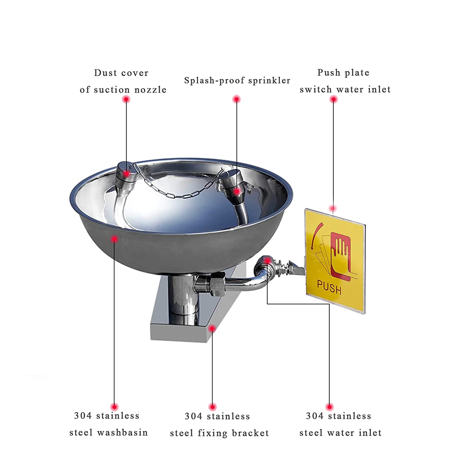 Lavaojos de Pared, lavaojos de Emergencia para Plantas químicas, fábricas, escuelas y Laboratorios. Lavaojos de Pared con boquillas de Doble pulverización e Interruptor Manual (Plateado).