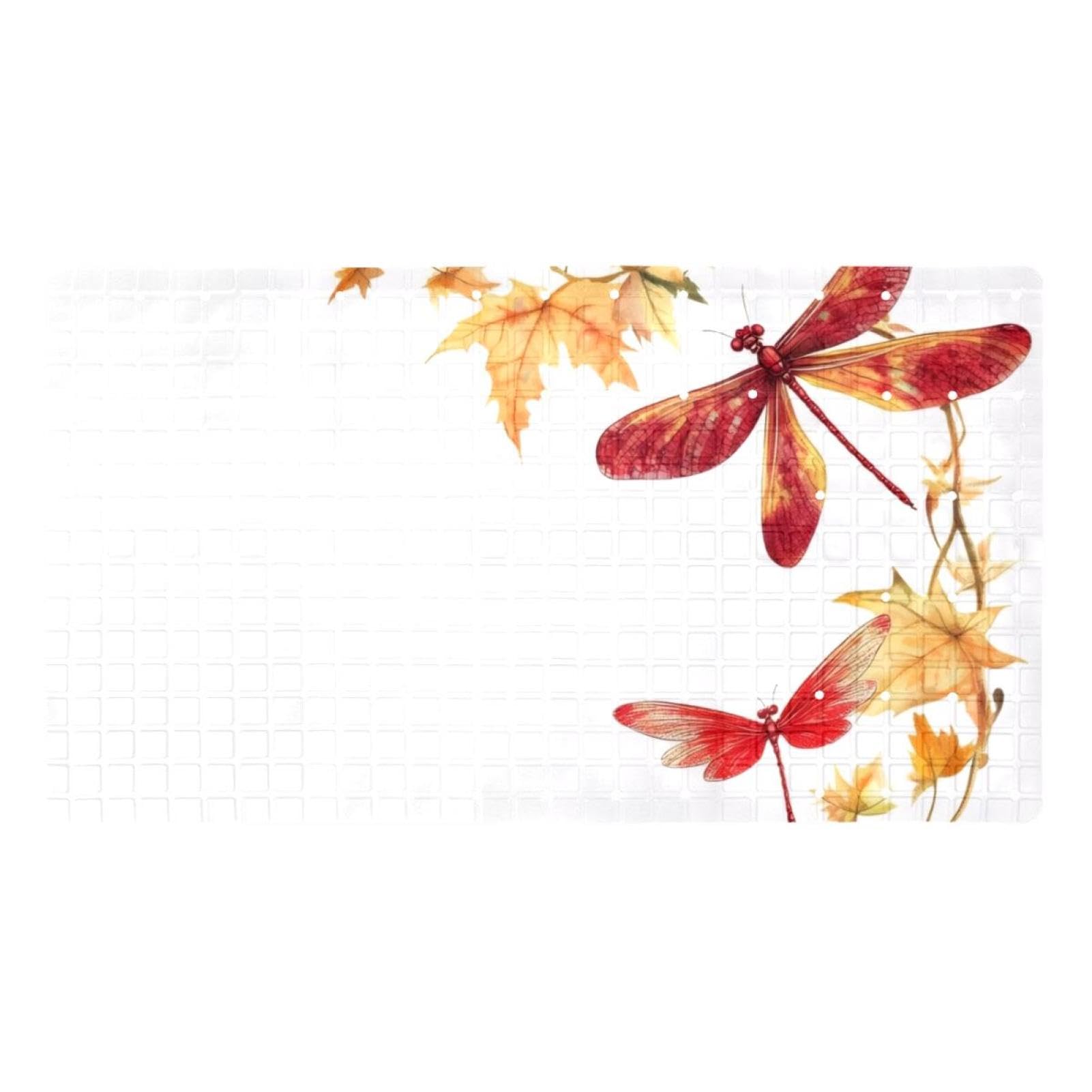 Rutschfeste Badematten für Badezimmer, Motiv: fliegende rote Libelle mit Ahornblättern, rechteckige Badewannenmatte, maschinenwaschbar, 40 x 70 cm
