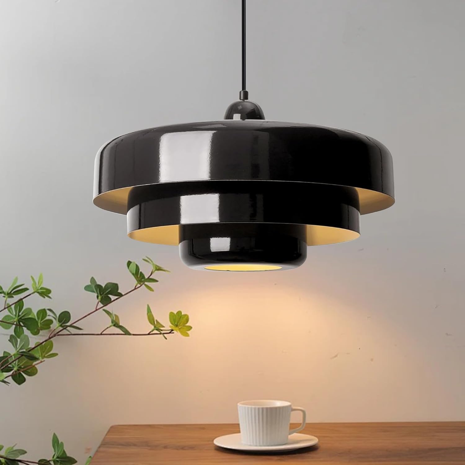 Industrial Pendant Light, 14'' Nordic Ceiling Pendant Lighting, 3-Layer Metal Shade Design, Vintage Hanging Light Flush Mount Light for Kitchen Island, Dining Table Living Room Hallway (Black)