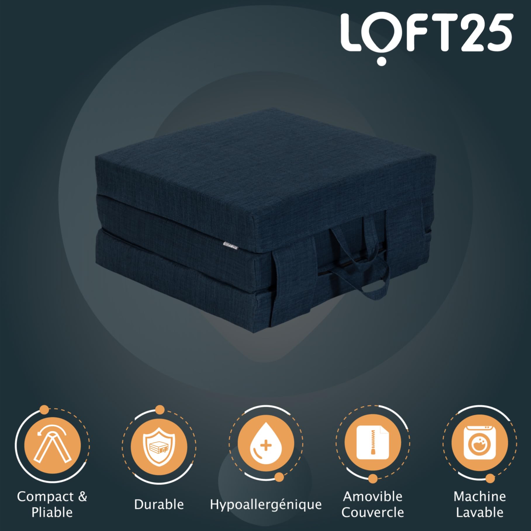 Loft 25 Matelas Pliant en Mousse Portable pour literie Simple | Poignées de Transport | Revêtement Effet Lin | Chambre à Coucher pour invités | Se replie pour Le Rangement (Minuit)