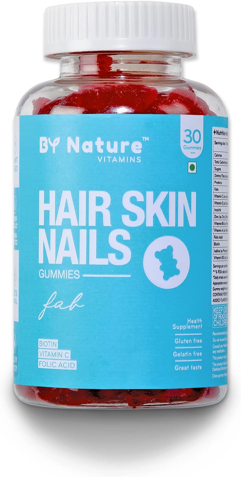 By Nature Hair & Skin Vitamin Gummies - with Biotin, Folic Acid, Vitamin A, C, E, B6, B7, B9 & B12 for Hair Growth, Glowing Skin & Strong Nails (30-Day Pack)