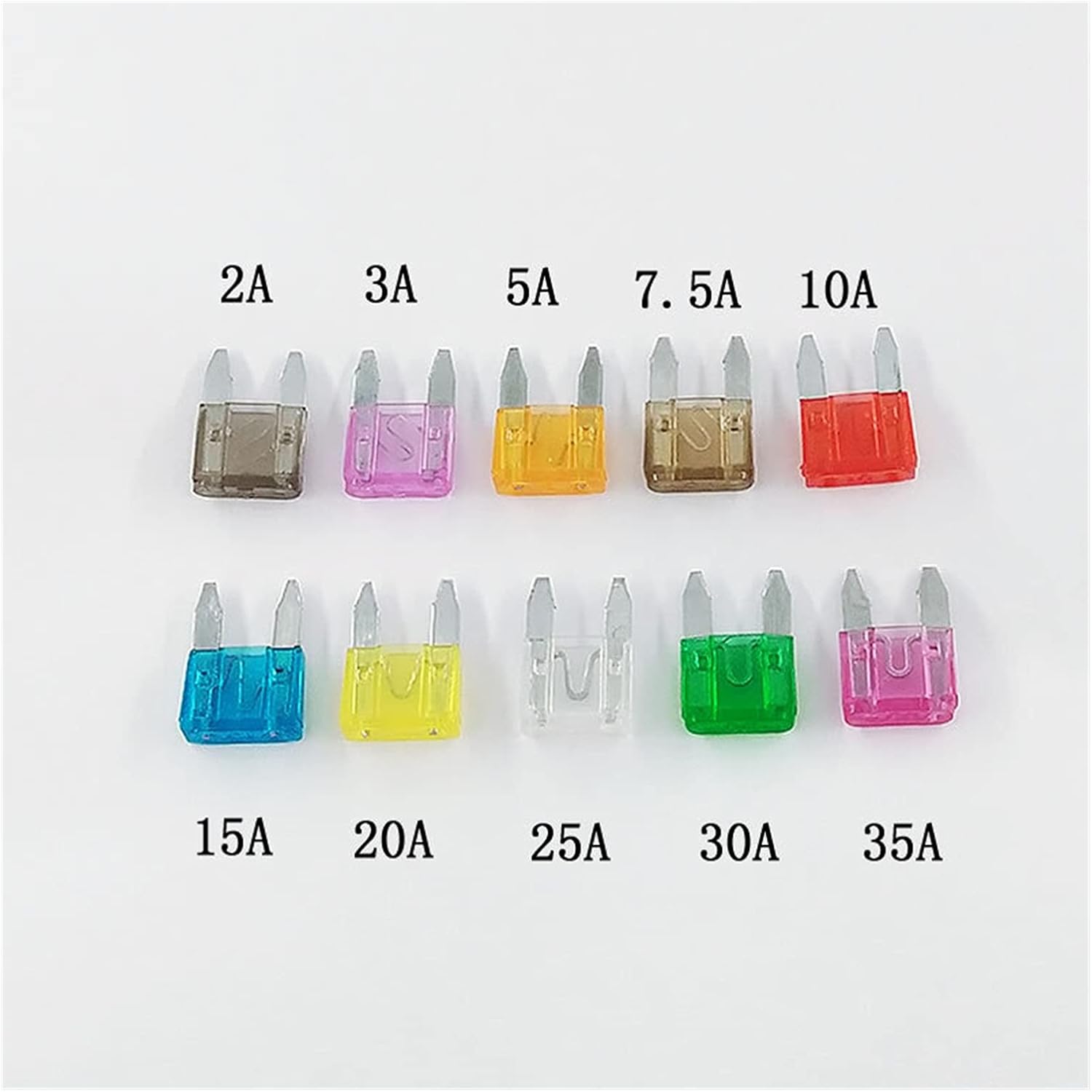 100pcs/lot Mini Car Fuse 10 Value Auto Fuse Blade Kit Assortment 2A 3A 5A 7.5A 10A 15A 20A 25A 30A 35A