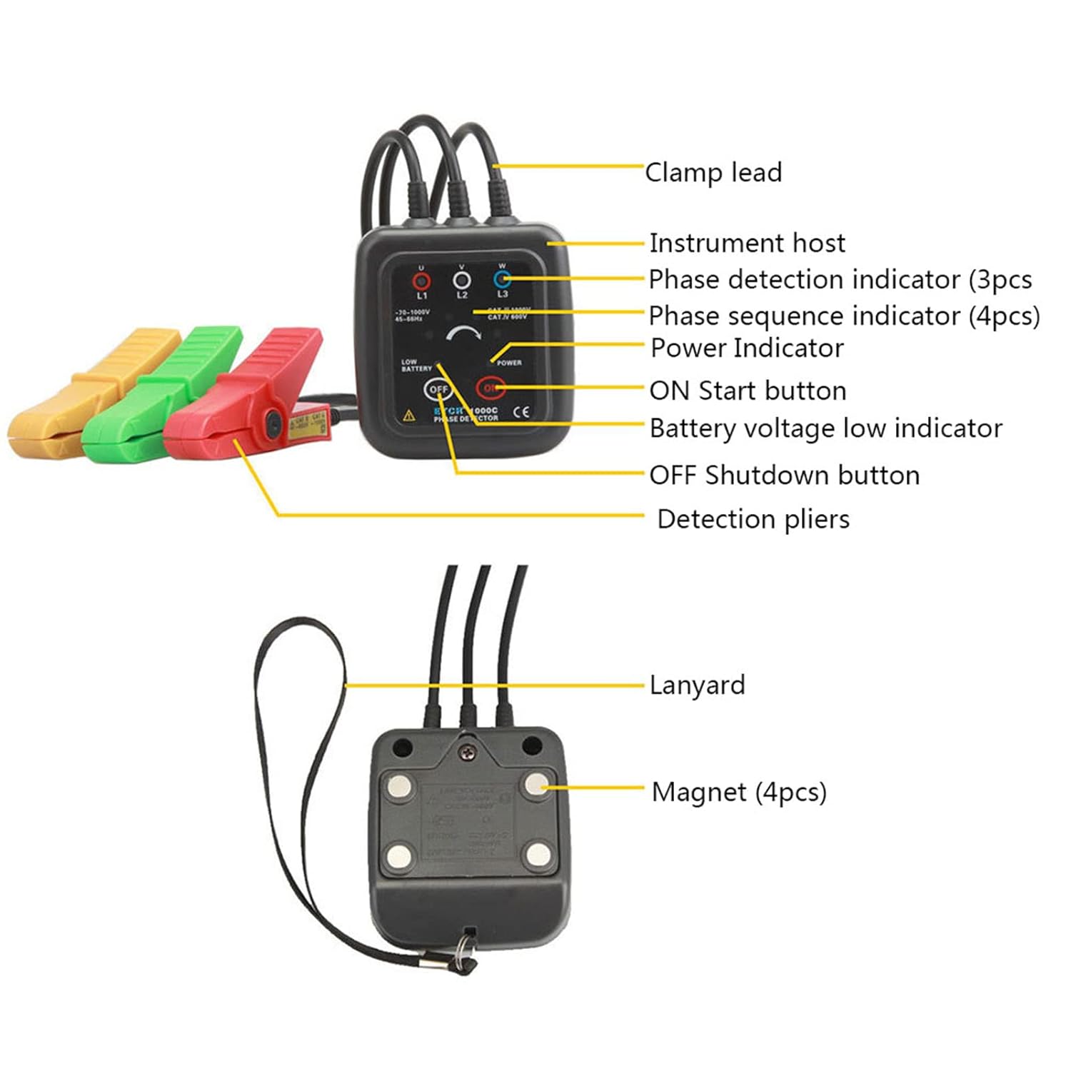 Non-Contact Three Phase Sequence Detector with Magnetic Base, AC 70-1000V, 1000D
