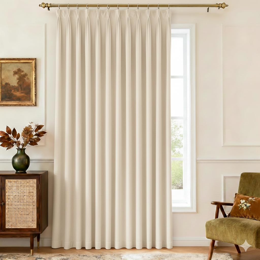 Double Pinch Pleated Velvet Curtain Room Darkening Curtains for Track Channel/Rod Pack of Panels, Tiebacks, Hooks(Cream, Custom)