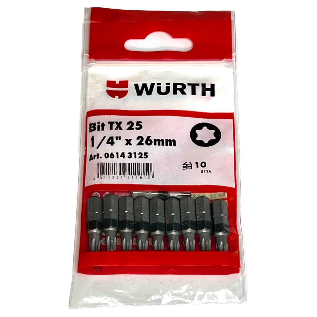 Wrth 10x TX25 Bit 1/4 Inch x 26 mm TX 25 C 6.3 Drive Screws 06143125 Hexagon Socket