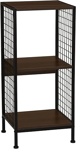 Household Essentials Estantería de almacenamiento abierta Trellis con 2 compartimentos de cubo de grano de madera de nogal de mediados de siglo y