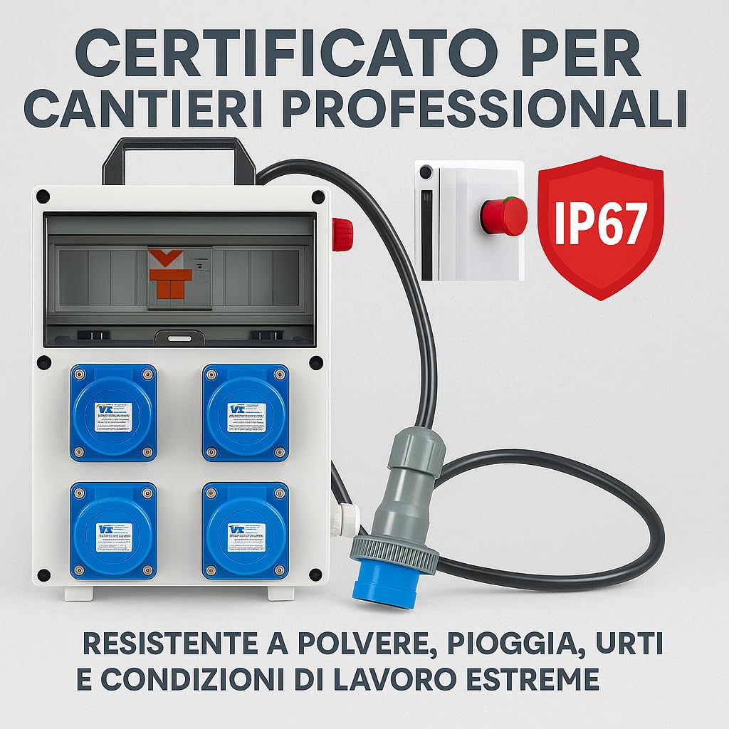 Cuadro de obras IP67, fabricado en Italia, robusto, seguro y certificado, cuadro de construcción con enchufes industriales fiable y protección IP67 – Cuadro eléctrico portátil con diferencial