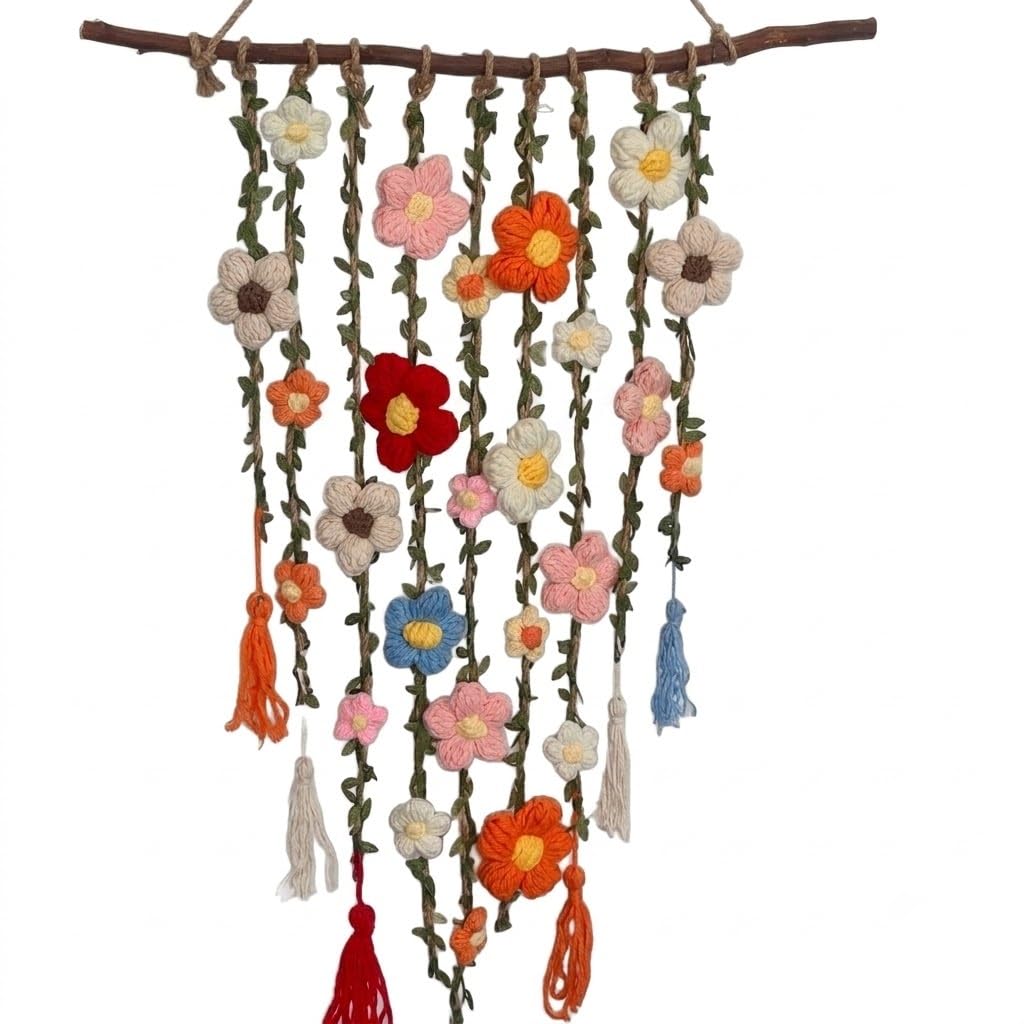 Handmade Crochet Flower Wall Hanging, Boho Floral Macrame Wall Decor