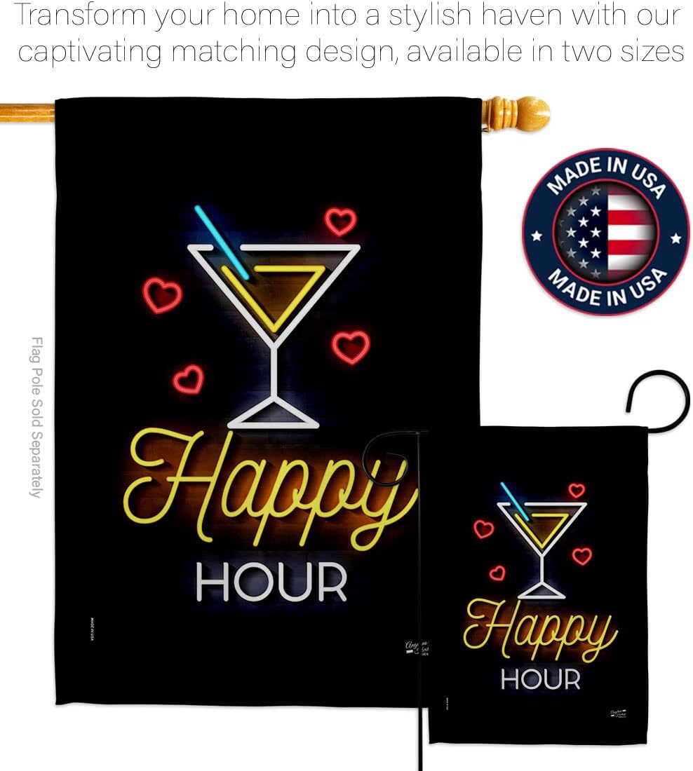 Neon Happy Hour Garden Flag Set with Stand Beverages Party Drinks Celebrate Fun Summer Beach Tropical House Decoration Banner Small Yard Gift Double-Sided, Made in USA