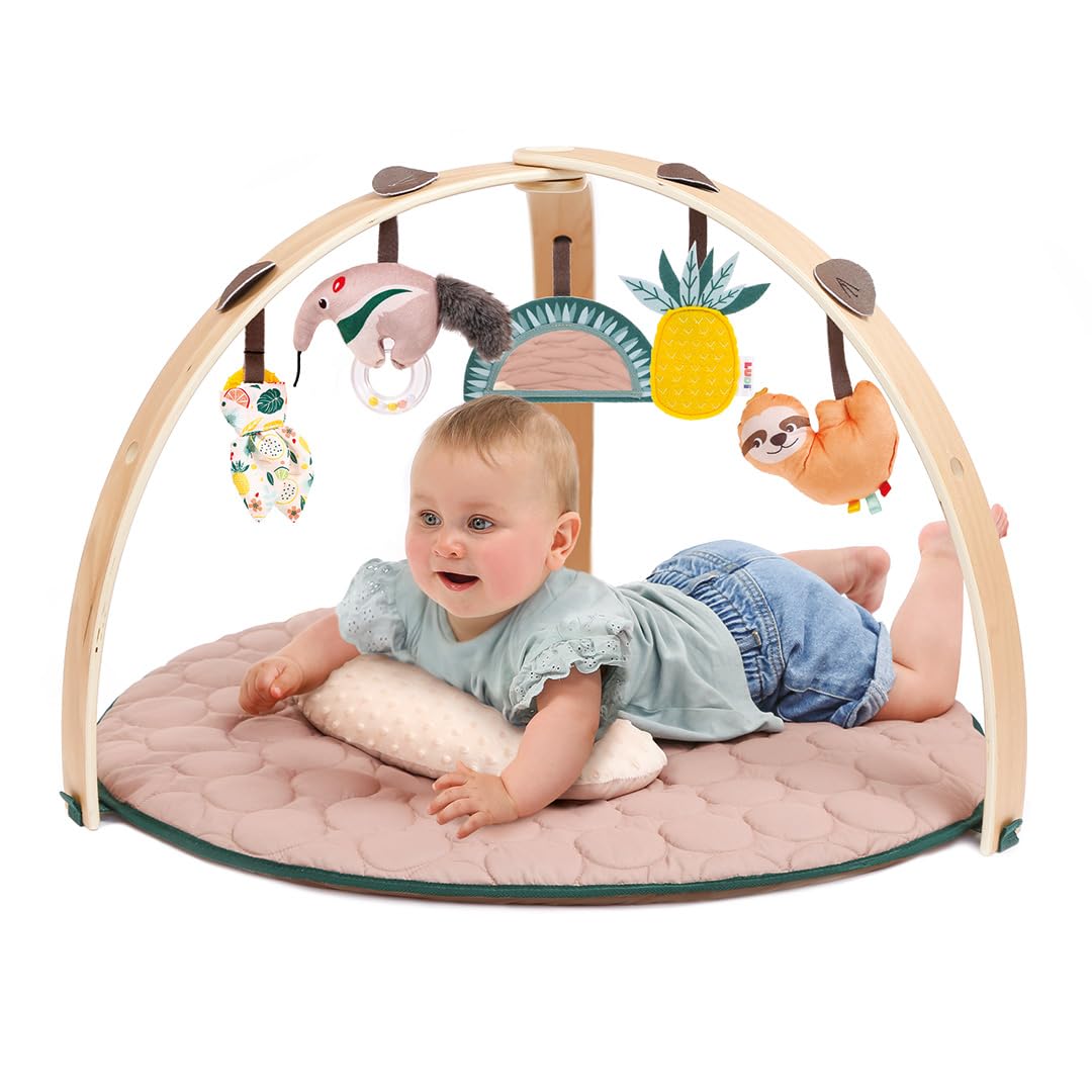 LUDI — Holzbogen-Teppich — Skalierbarer Teppich — Abnehmbare Holzbögen — 5 abnehmbare Aktivitäten — 1 Bauchkissen — Stimuliert die Sinne des Babys — von Geburt an