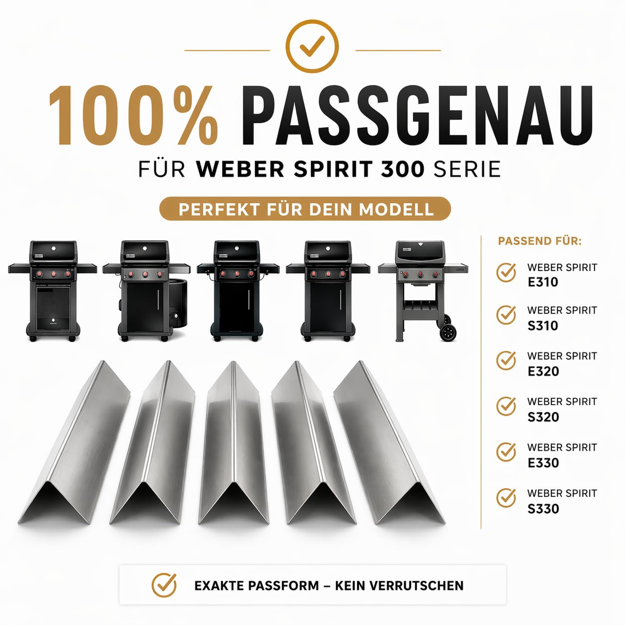 Generisch Premium Aromaschienen für Weber Spirit 300 Serie (E310, E320, E330) | 5er Set Edelstahl | Rostfrei 100% Passgenau ab 2013 | Flavorizer Brennerabdeckungen