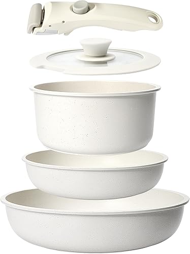 GiPP Juego de 5 ollas y sartenes antiadherentes, juegos de utensilios de cocina antiadherentes, mango desmontable, juego de cocina de inducción,