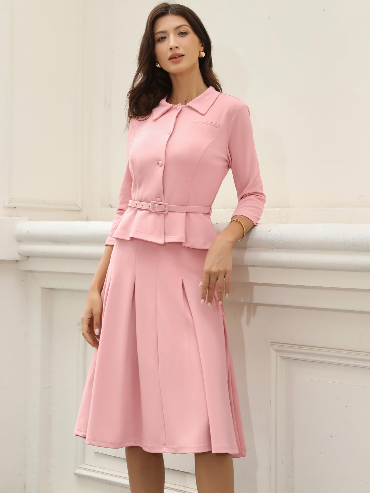 Allegra K Ensemble jupe d'affaires 2 pièces pour femme, tenue de bureau, blazer à manches 3/4, jupes plissées