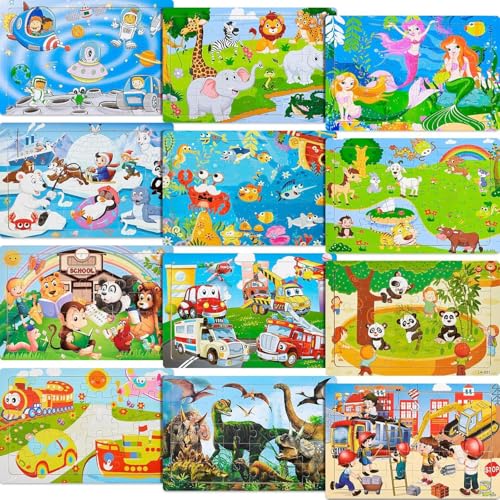 12 Pack Puzzles for Kids Ages 3-8 Toddler 30 Pieces Wooden Jigsaw Children Puzzles Educational Learning Toys for Kids Girls and Boys