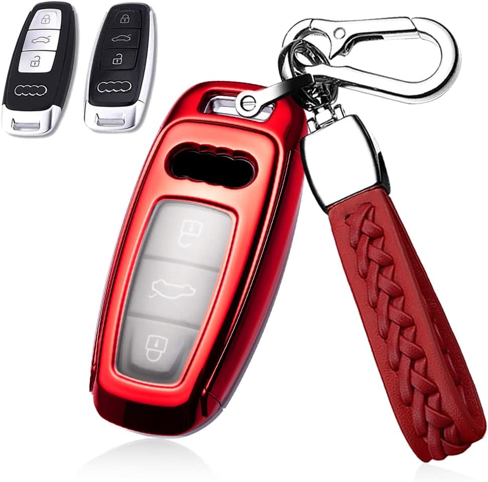 SANRILY Full Protection TPU 3 Button Key Fob Cover for Audi Q7 2021 2020 Q8 A8 A6 A7 Etron,RS3 A3 Sportback 2022 Keyless Smart Key Fob Case Shell with Keychain Silver