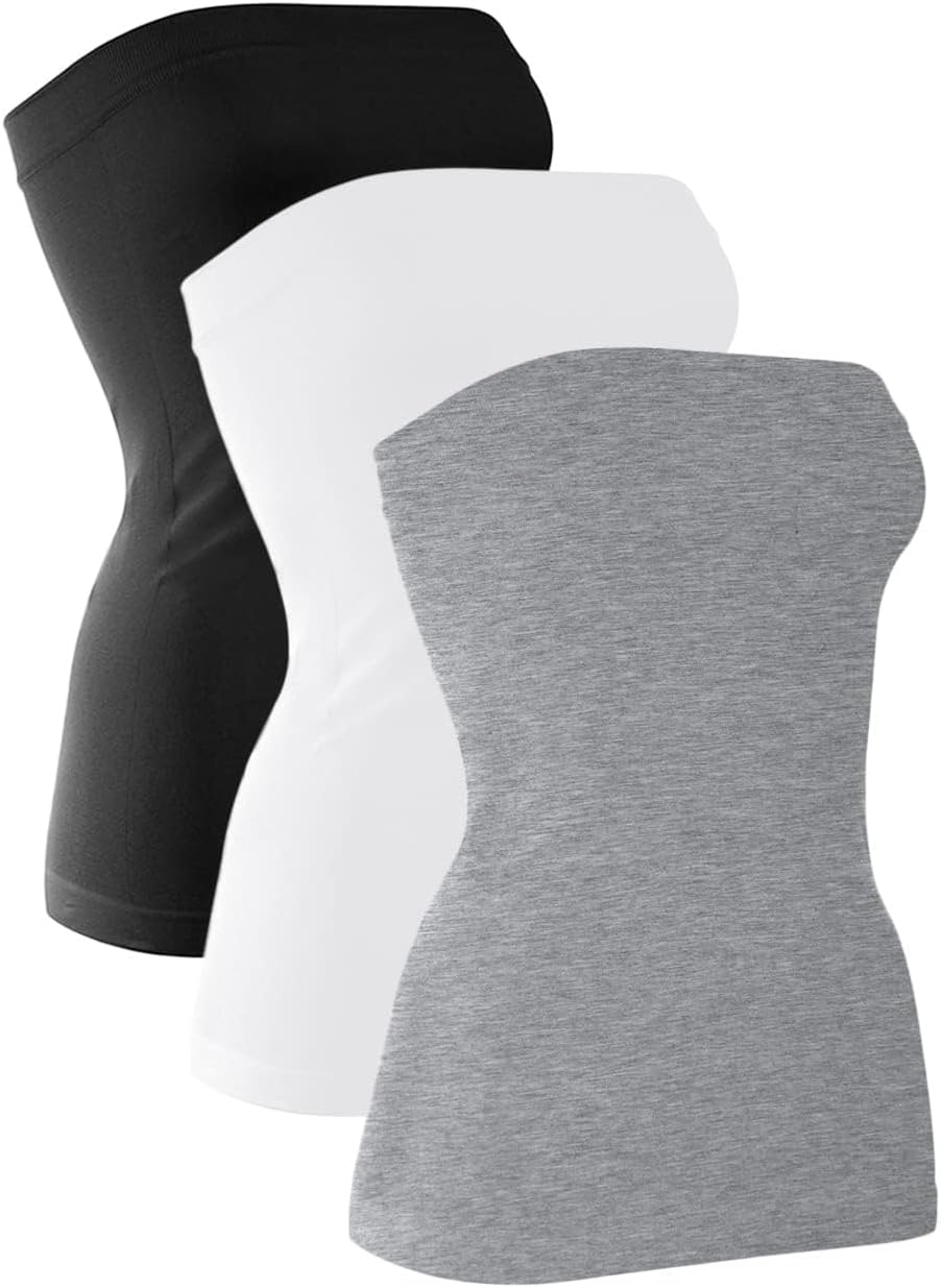 H HIAMIGOS 3 Pack Women's Strapless Cotton Long Tube Top Sleeveless Stretchy Cute Bandeau Tops Non Padded