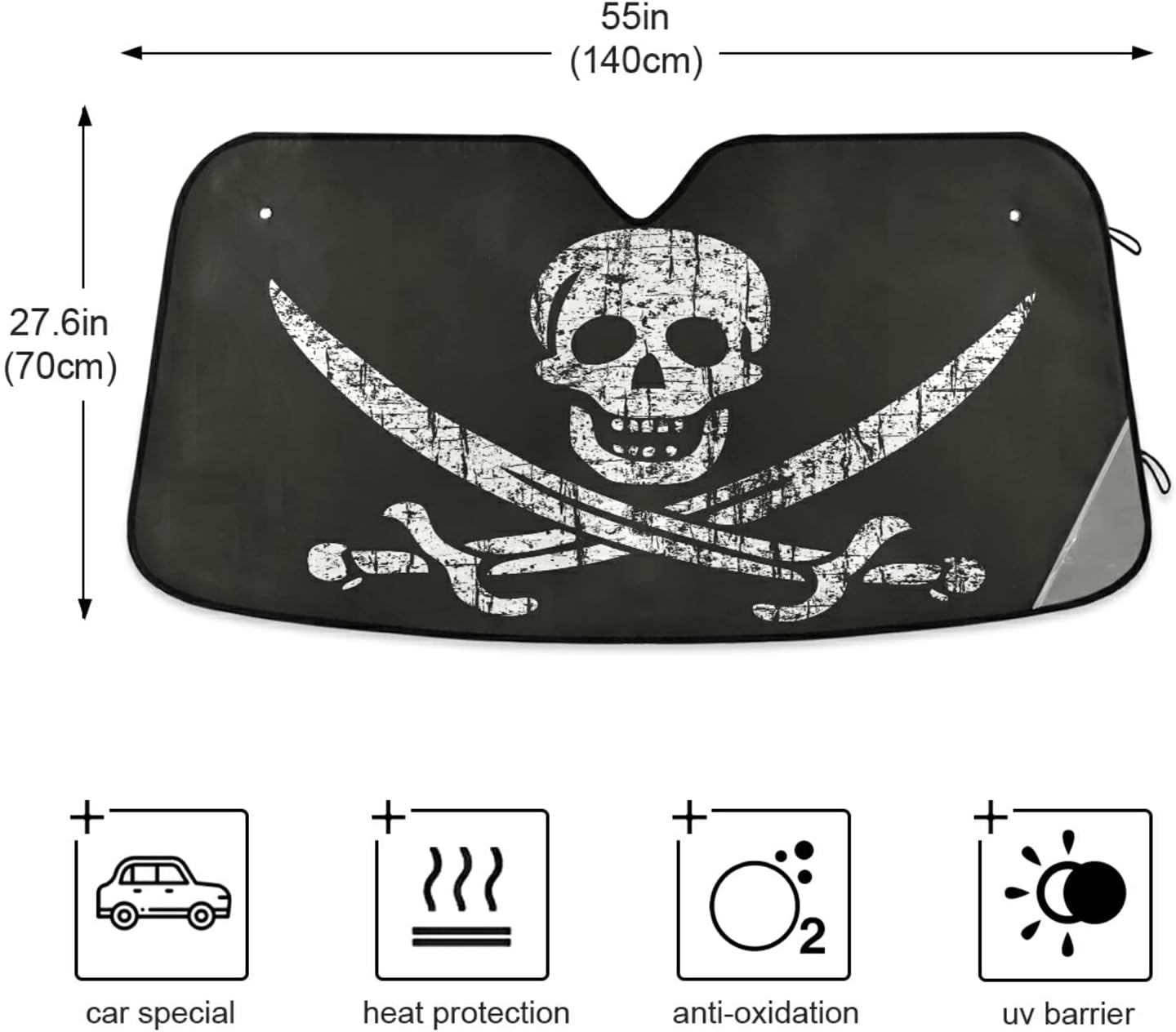 Jolly Roger Pirate Skull Car Sun Shade Windshield Grunge Skeleton Sun Shield UV Ray Protection Foldable Sun Visor for Front Window Blocks Automotive Interior Accessories 55 X 27.6 in