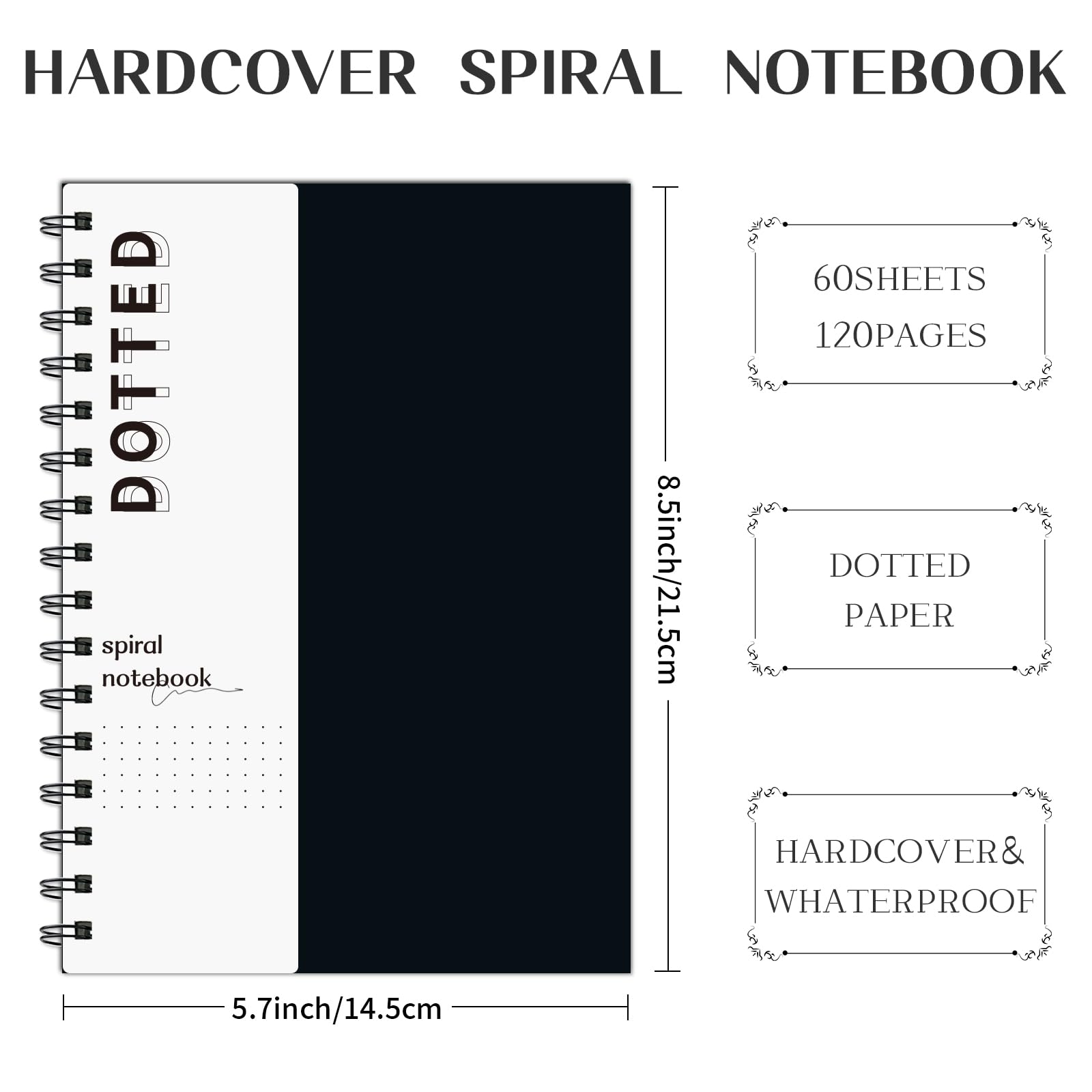 Rinrda A5 gepunktetes Tagebuch, Spiralnotizbuch, 21,6 x 14,5 cm, 4 Stück, Punktraster, Notizbuch, Hardcover, Notizbuch, 120 Seiten, 100 g/m² dickes gepunktetes Papier, Notizbuch, Hardcover, Tagebuch